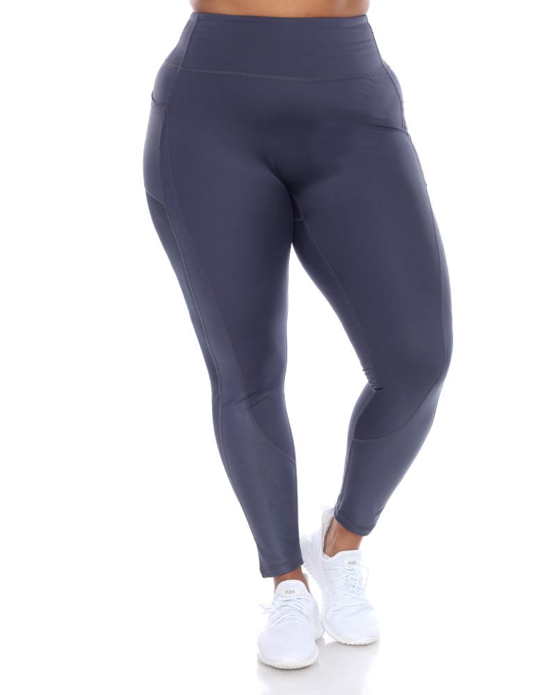 Front of a model wearing a size 3X High-Waist Mesh Fitness Leggings in Blue by White Mark. | dia_product_style_image_id:249486